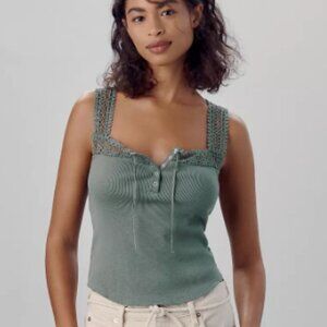 NWT Anthropologie Crochet Lace Trim Tank Top, XL Green